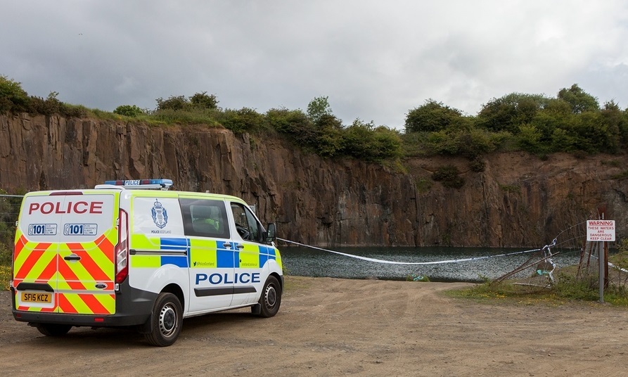 Police at Prestonhill Quarry in Inverkeithing, Fife, where an eighteen-year-old man was reported to have gone missing in the water at around 9:20pm on Thursday. June 19 2015