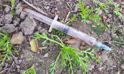 The discarded used needle found in an area reportedly plagued by a growing drug problem.