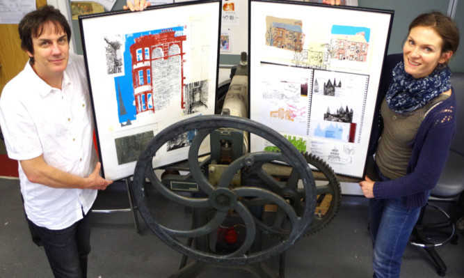 Dundee and Angus College lecturers Ian Ritchie and Gillian Robertson show off some of the student work chosen for the First Impression exhibition at Dundee House.