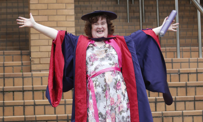 Susan Boyle receives an honorary doctorate from the Royal Conservatoire of Scotland in Glasgow for her contribution to the music industry.