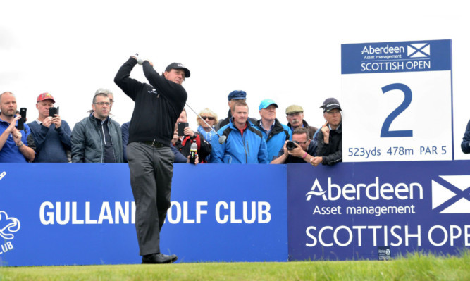 Phil  Mickelson tees off on the long 2nd at Gullane yesterday.