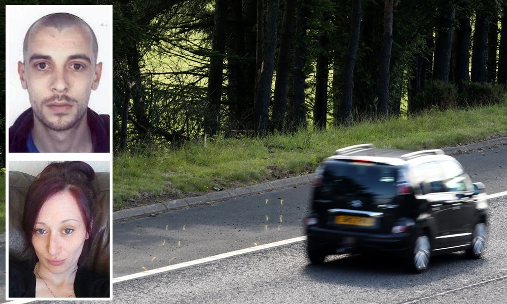 Yellow markings on the road at Junction 9 of the M9 near Stirling indicate the route that a car took when it left the road and was only discovered three days after police were told that it had crashed. PRESS ASSOCIATION Photo. Picture date: Thursday July 9, 2015. The male driver of the car was pronounced dead at the scene, while the female passenger was taken to hospital in Glasgow where she is in critical condition. See PA story POLICE Couple. Photo credit should read: Andrew Milligan/PA Wire