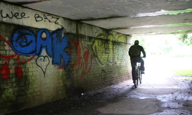 St Vigeans nature trail with a graffiti covered underpass.