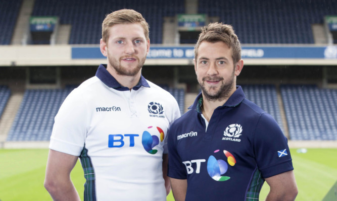 Rugby stars Finn Russell, left, and Greig Laidlaw were at Murrayfield to unveil Scotlands new kit for 2015-2016.