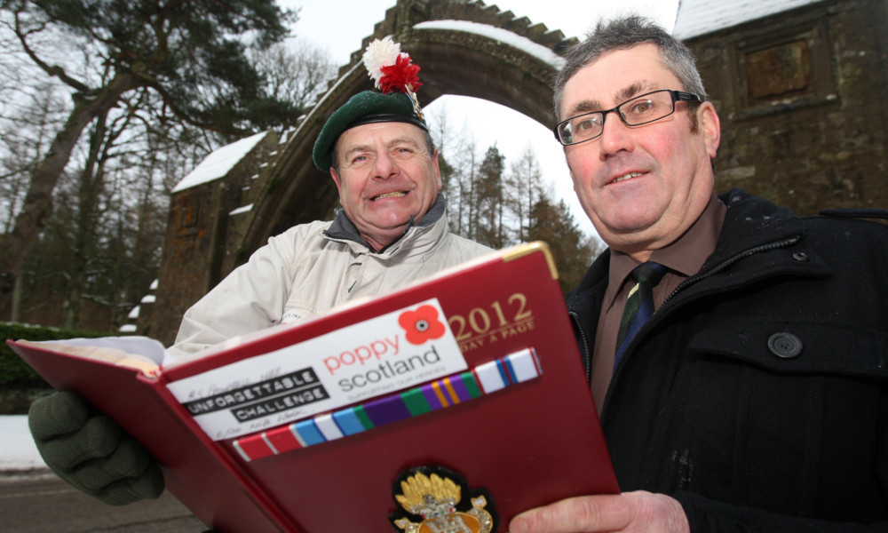 Charity walker Bobby Campbell (left ) with Mjr Jim Anderson of the Laurencekirk Poppy Scotland collection.