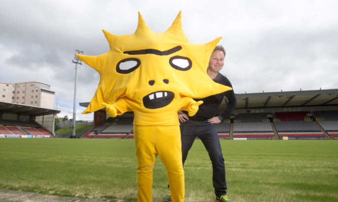 Artist David Shrigley and his creation, Partick Thistle mascot Kingsley, whose image is being used to support the KissBigotryGoodbye