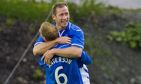 Frazer Wright celebrates with team-mate Steven Anderson after defeating Rosenborg away from home.