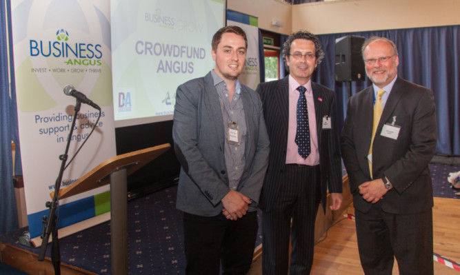 From left: Joel Hughes of Crowdfunder, Tim Wright of twintangables and Richard Stiff of Angus Council, at the launch of the Crowdfunder pilot project.