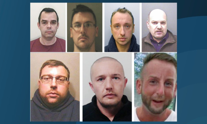 John Denham, 49, formally known as Benjamin Harrop, Matthew Stansfield , 34, Matthew Lisk, 32, David Harsley, 51, and (bottom) Robin Hollyson, 30, Chris Knight, 35 and Adam Toms, 33.