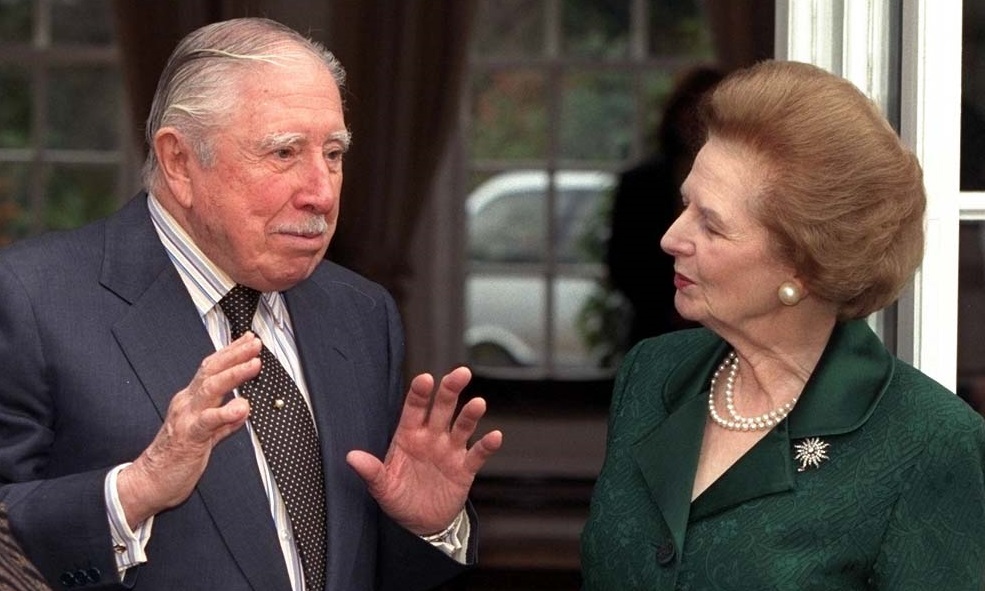 Baroness Thatcher (left) visits General Pinochet (centre) and his wife at their temporary residence where the former president of Chile is under house arrest at Wentworth in Surrey.