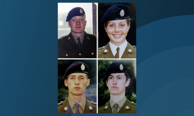 Clockwise from left to right: Private James Collinson, 17, from Perth, Private Cheryl James, 18, from Llangollen, North Wales, Private Sean Benton from Hastings, East Sussex and Private Geoff Gray, 17, from Hackney, east London, who all died at Deepcut army barracks in Surrey.