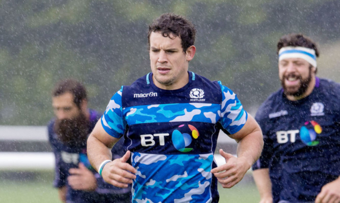 John Hardie in Scotland's wet final training session at Murrayfield before leaving for the Rugby World Cup.