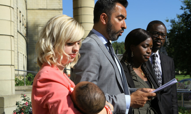 From left: Sheku's partner Collette Bell, family lawyer Aamer Anwar, sister Kadijartu Johnson and brother in law Ade Johnston, after the meeting with Police Scotland Chief Constable Stephen House at Tulliallan today, Monday 7th September 2015. Story by Claire, Fife office.