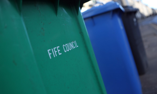 Kris Miller, Courier, 03/03/15. Picture today shows various colours of Fife Council wheelie bins in St Andrews for story about recycling.