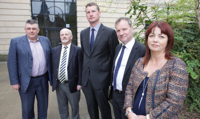 Andy Furey, councillors Archie McLellan and Dave Doogan, Pete Wishart MP and Sally Buchanan.