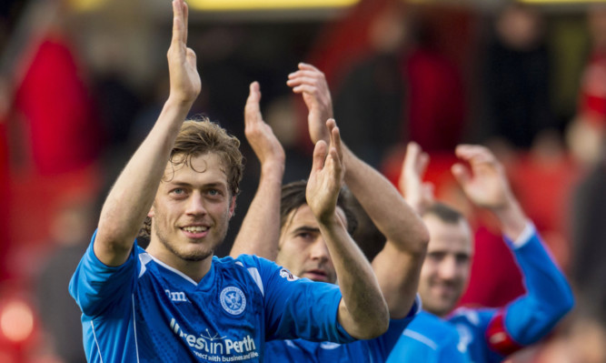 Murray Davidson and the rest of the Saints players applaud the fans at the final whistle.