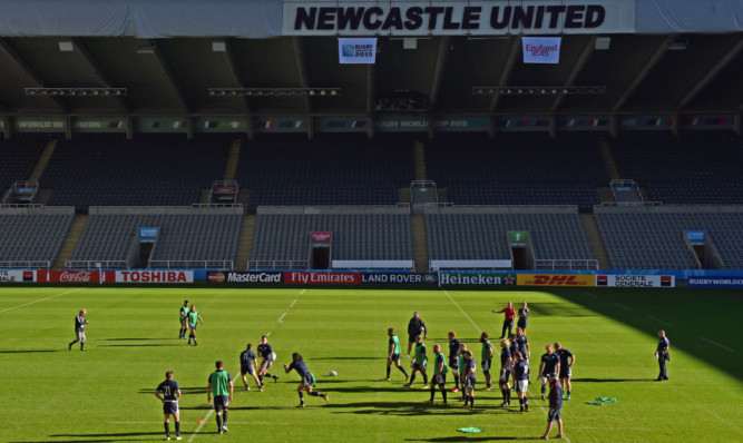 Scotland training in the sunshine at St James' Park yesterday.