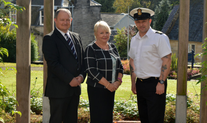 From left: Cllr Billy pollock, Cllr Helen Law, CPO Stevie Baxter at the Garden for Heroes in Dunfermline.