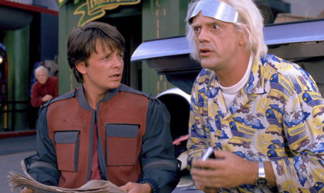 Marty McFly (Michael J. Fox) and Doc Brown (Christopher Lloyd) in Back to the Future II