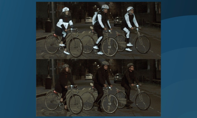 An image showing how cyclists appear to drivers when using (above) and not using the Volvo Cars LifePaint.