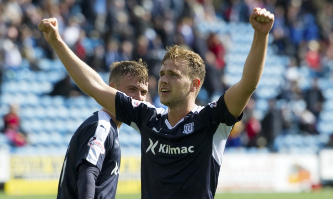 Greg Stewart celebrates scoring at Rugby Park.