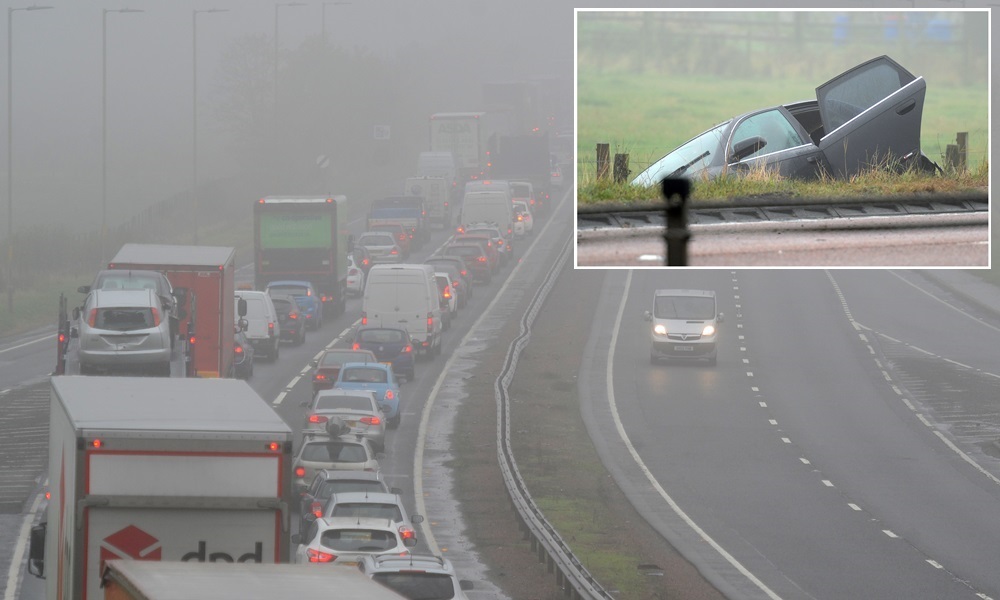 28.10.15 - pictured is traffic backed up to the Inchture turn off in the aftermath of the RTC on the A90 near Inchture