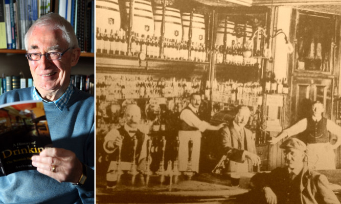 Mr Cooke with his book and a picutre of the Cromdale Bar from around 1906.