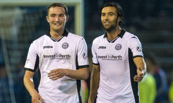 Chris Kane and Simon Lappin are all smiles at full time at Cappielow.