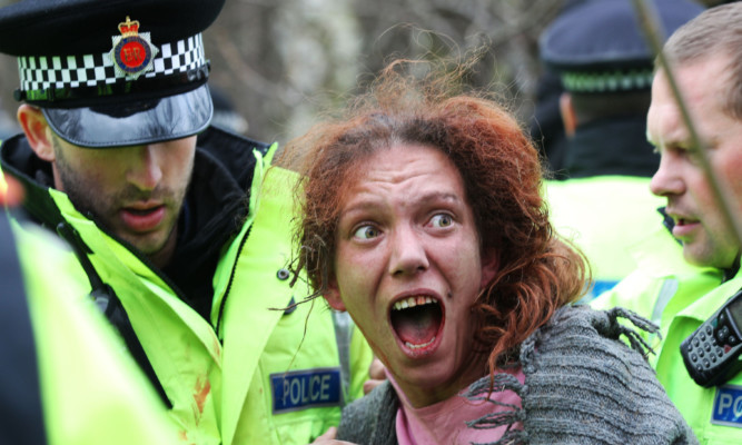 Protesters clash with police at the Barton Moss fracking site, Manchester.