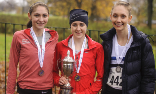 Laura Muir, centre, with fellow medallists Josephine Moultrie (bronze), left, and Maddie Murray (silver).