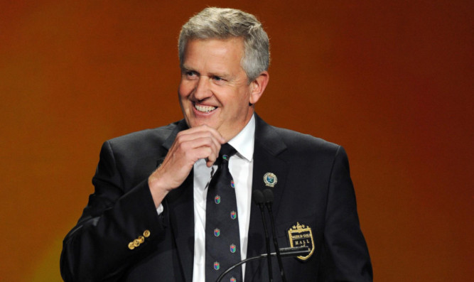 Colin Montgomerie speaks during his induction into the World Golf Hall of Fame.