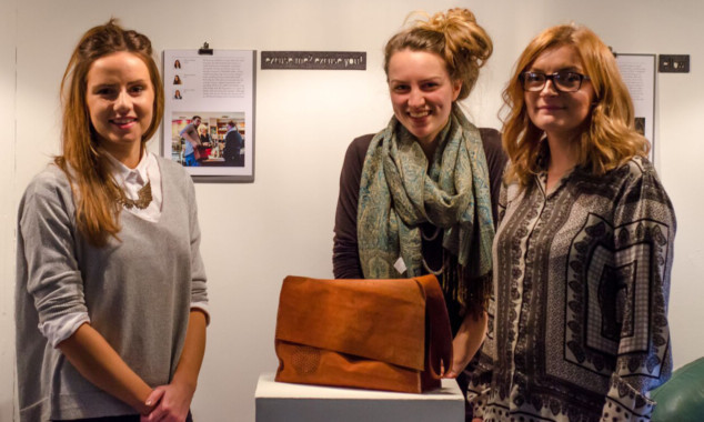 Students Kirsty Sneddon, Leanne Fischler and Rebecca Smith with their talking handbag.