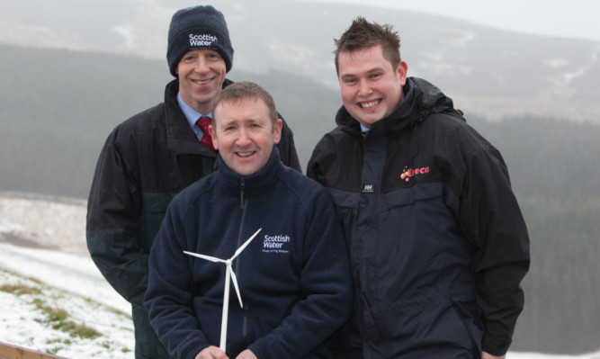 Archie MacGregor and Donald MacBrayne of Scottish Water with Sam Pettipher from Eneco at Backwater Reservoir.