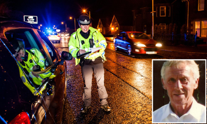 A police officer quizzes a driver on Main Street in Bridge of Earn as the search for William Rattray (inset) continues.