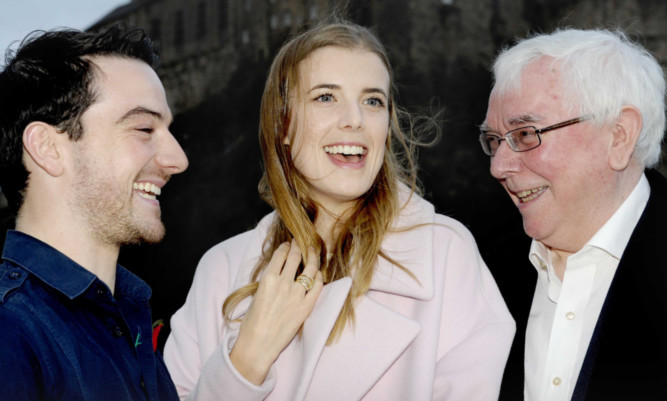 Sunset Song film actors at Scottish screening premiere, Edinburgh, Actors Agyness Deyn, Scottish actor Kevin Guthrie (left) and director Terence Davies