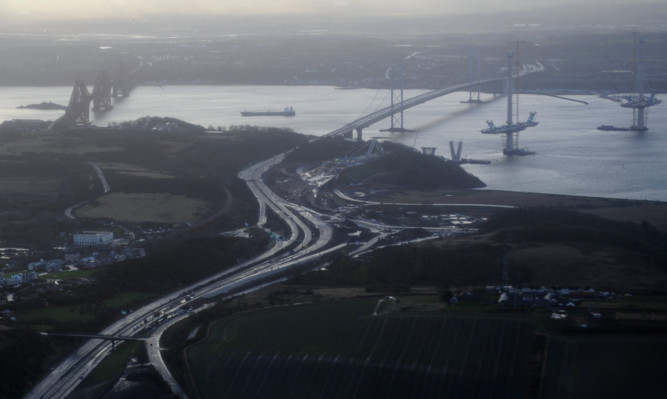 Deserted roads leading up to the Forth Road Bridge.