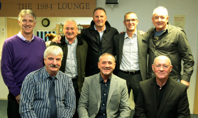 Some of the members of the 1983/84 second division-winning squad. From left, front: Davie Nicol, Ian (TC) McPhee and Billy (Franz) Bennett. Back: Ray (Poppy) Farningham, Billy (Seagull) Gallacher, Ken (Baff) Brown, Rab Morris and John (Hen) Clark.