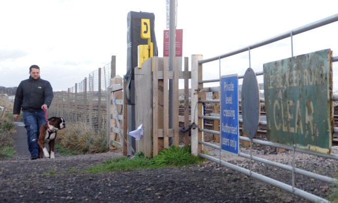 This dog walker demonstrates the correct way to control animals near railway crossings.