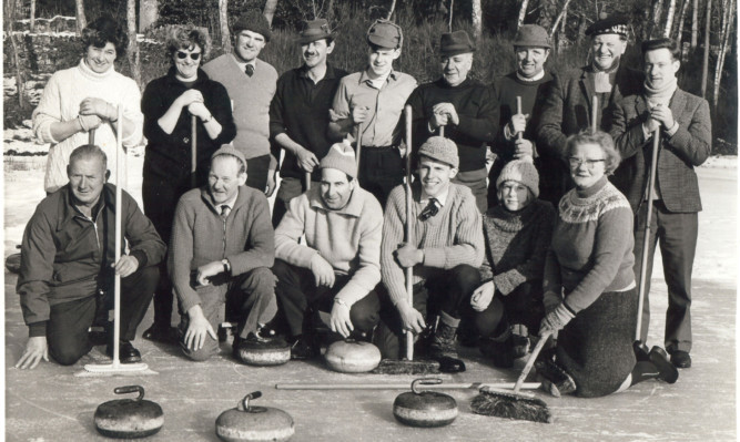 Tullymet members pictured around 1969 enjoying outdoor curling on their pond.