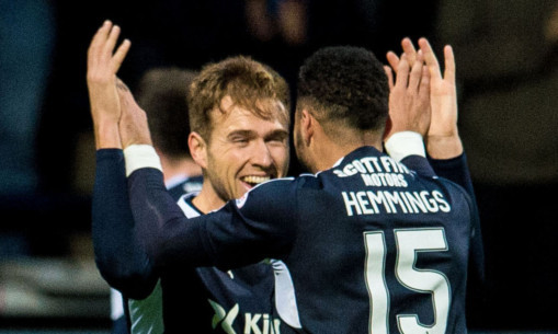 Greg Stewart celebrates with Kane Hemmings.