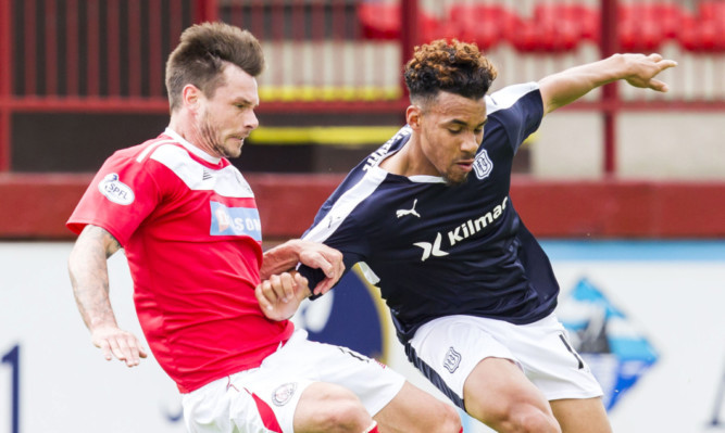 Experienced striker Dene Shields (left) fired Brechin ahead after 19 minutes.