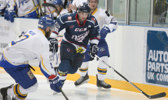 Stars scorer Bobby Chaumont leads a raid on Fife Flyers goal in last nights game at Dundee Ice Arena.