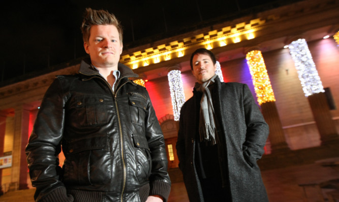 Film-makers Stuart Hamilton and Liam Johnston outside the Caird Hall in Dundee where The Proclaimers appeared on Saturday night.