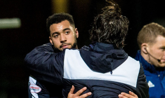 Paul Hartley (right) congratulates hat-trick hero Kane Hemmings after he was substituted on Saturday.