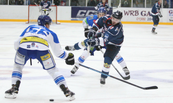 Stars Curtis Leinweber fires in a shot at the Blaze goal.