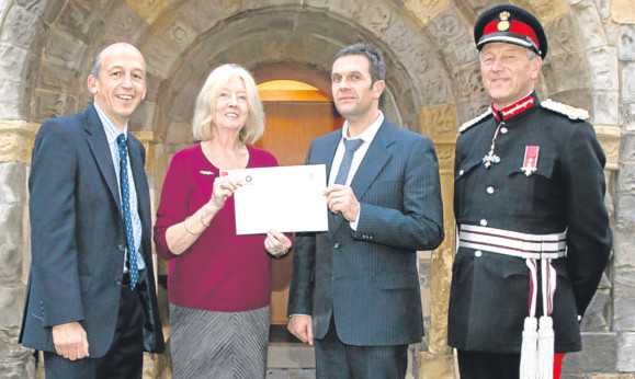 From left: Dr David Reaich, clinical lead for organ donation at South Tees NHS Foundation Trust, Valerie Law, her son Angus King and Lord Lieutenant for North Yorkshire, Barry Dodd.