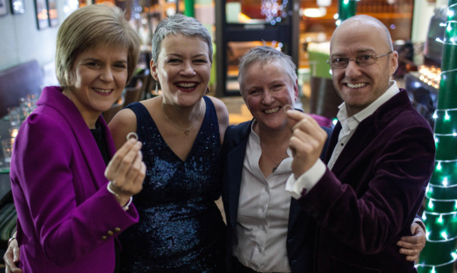 Gerrie and Susan with wedding guests Nicola Sturgeon and family friend Patrick Harvie MSP.