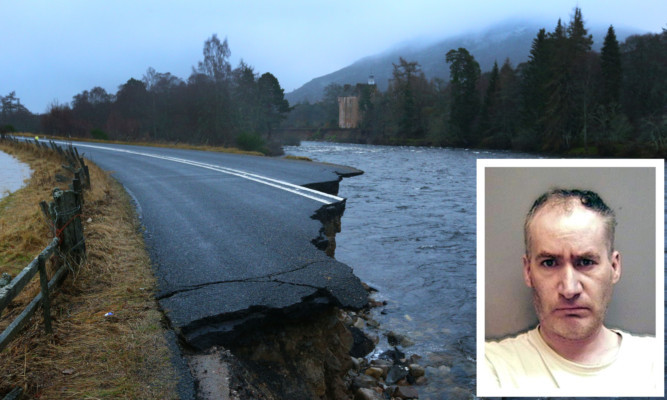 Terence Kilbride (inset) is missing after flooding in Aberdeenshire that caused a large section of the A93 road between Ballater and Baemar to be swept away.