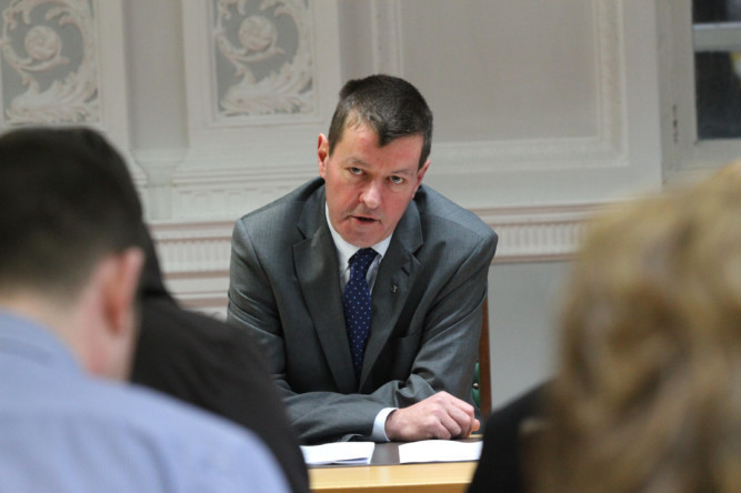 Dundee City Council finance spokesman Willie Sawer announces budget cuts.
