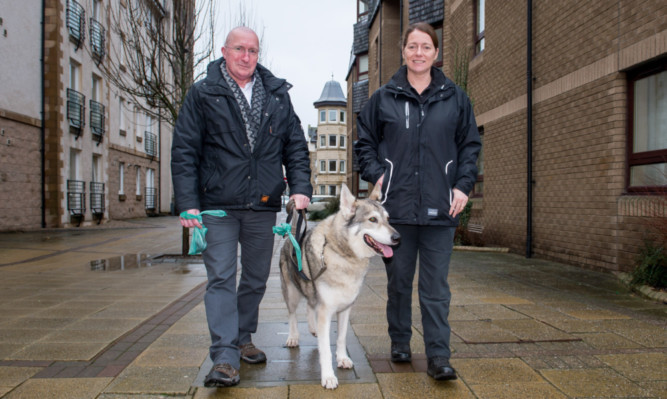 Derek with Shadow the dog and animal welfare officer Kirsteen MacKenzie.